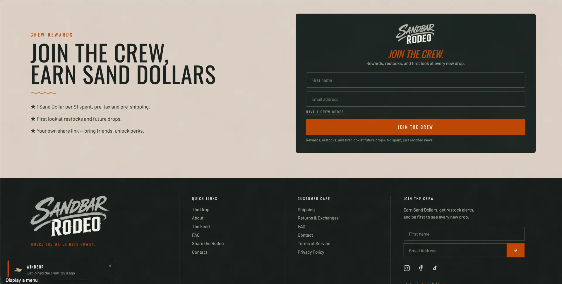 Sandbar Rodeo crew rewards signup section and footer