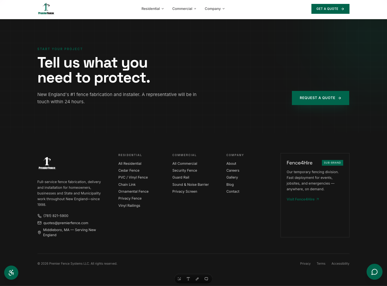 Premier Fence quote request section and footer