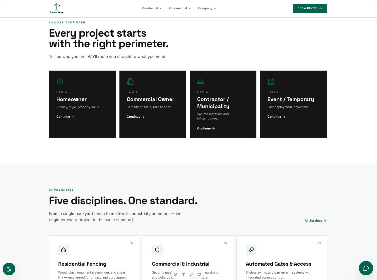 Premier Fence audience path selector and capabilities grid