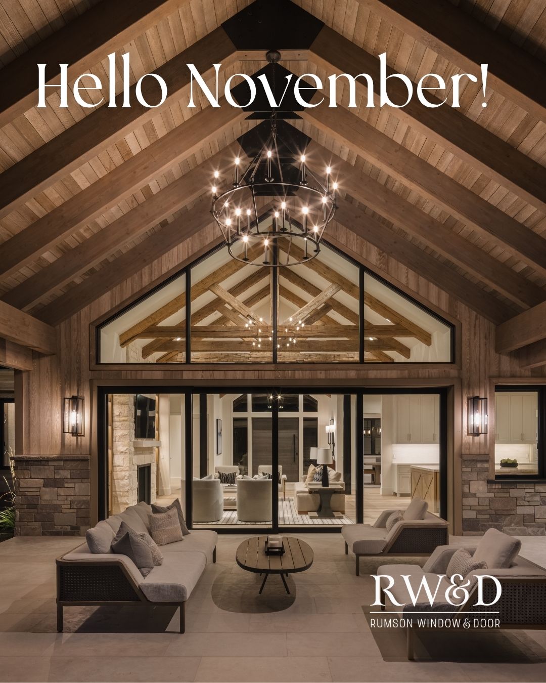 Rumson Window & Door Hello November social post of a timber-beamed great room