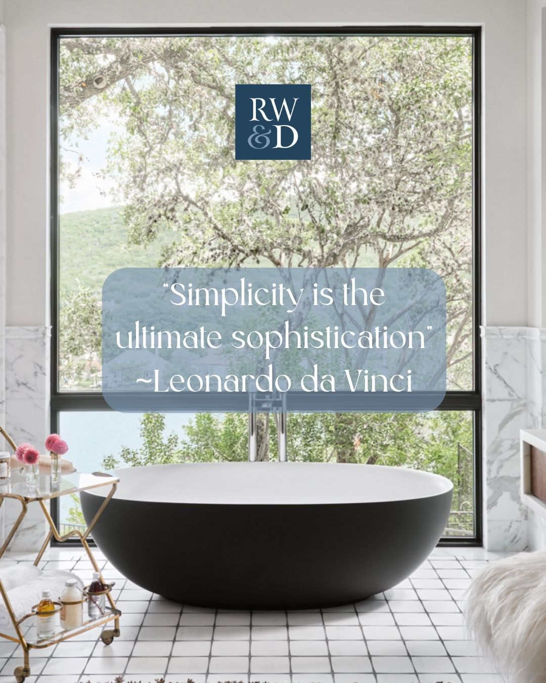 Rumson Window & Door quote social post over a marble bath with black-framed picture window