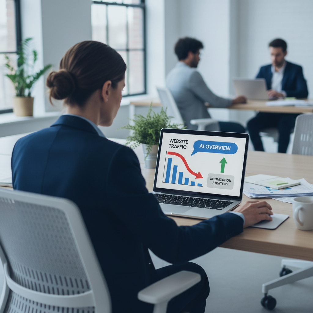 A business leader analyzing website analytics and search performance trends on a laptop in a modern office.