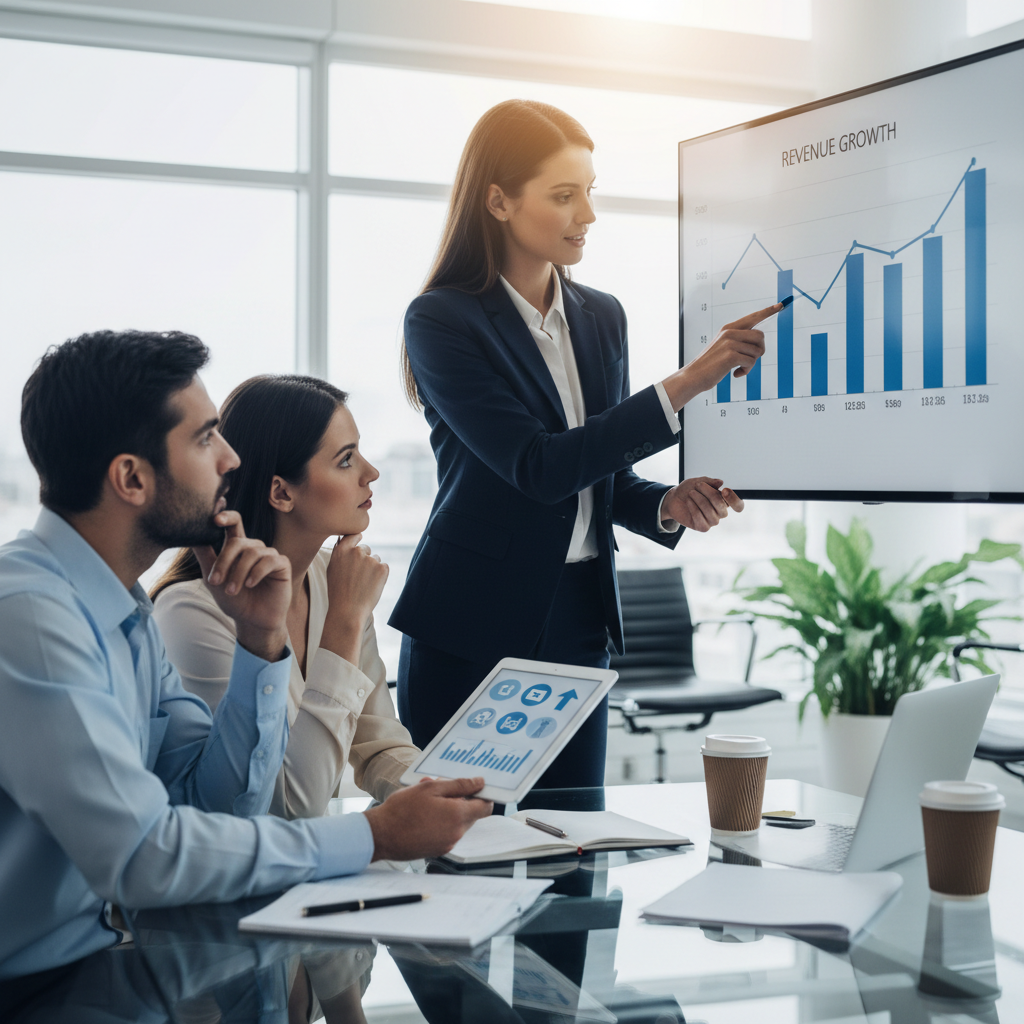 A business owner and marketing manager analyzing a clean revenue performance chart on a laptop in a modern office.