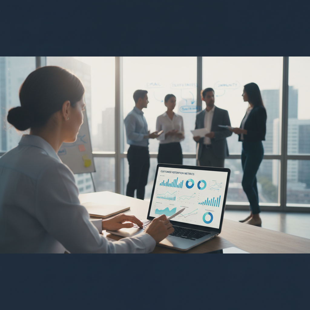 A business executive reviewing customer retention and lifetime value dashboards on a modern office computer.