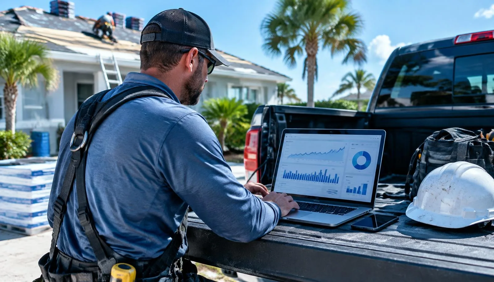A roofing contractor reviewing ad campaign charts on a laptop on a pickup truck tailgate at a Florida job site.