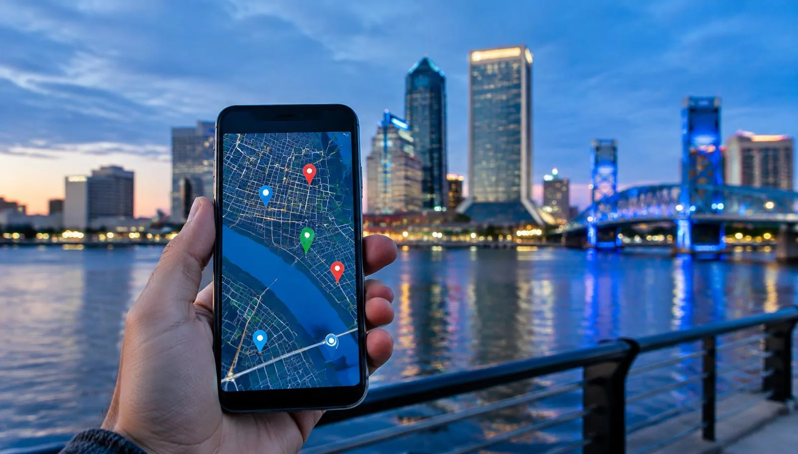 A hand holding a smartphone with a map and location pins in front of the Jacksonville skyline at dusk.