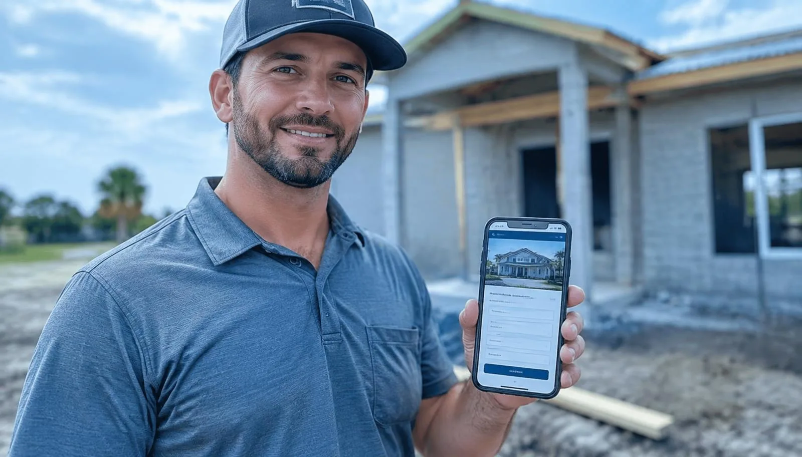 A local contractor holding a smartphone showing a small business website with an estimate request form at a Florida job site.