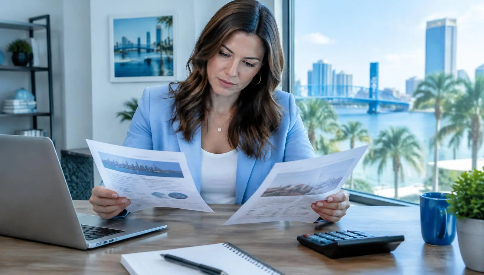 A small business owner comparing two printed marketing proposals at a desk overlooking the Jacksonville riverfront.