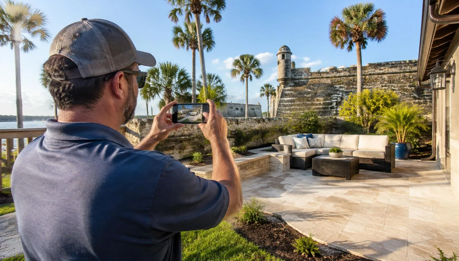 A service business owner photographing a finished backyard patio project near historic St. Augustine stonework.