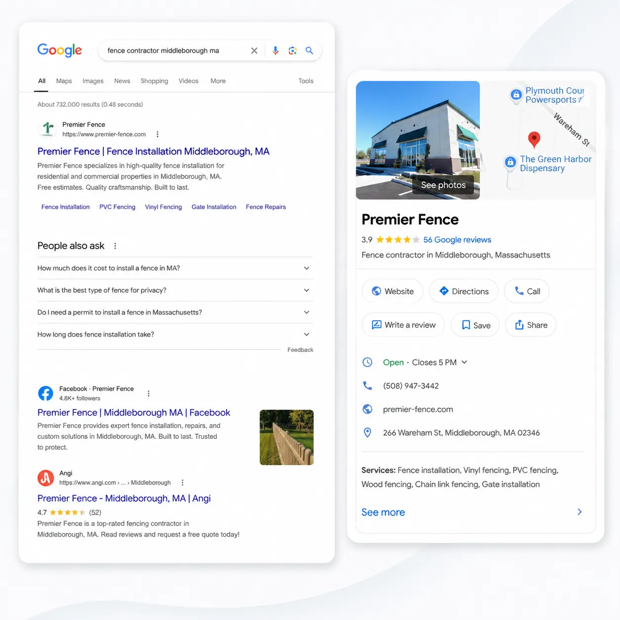 Premier Fence Google Business Profile search result mockup