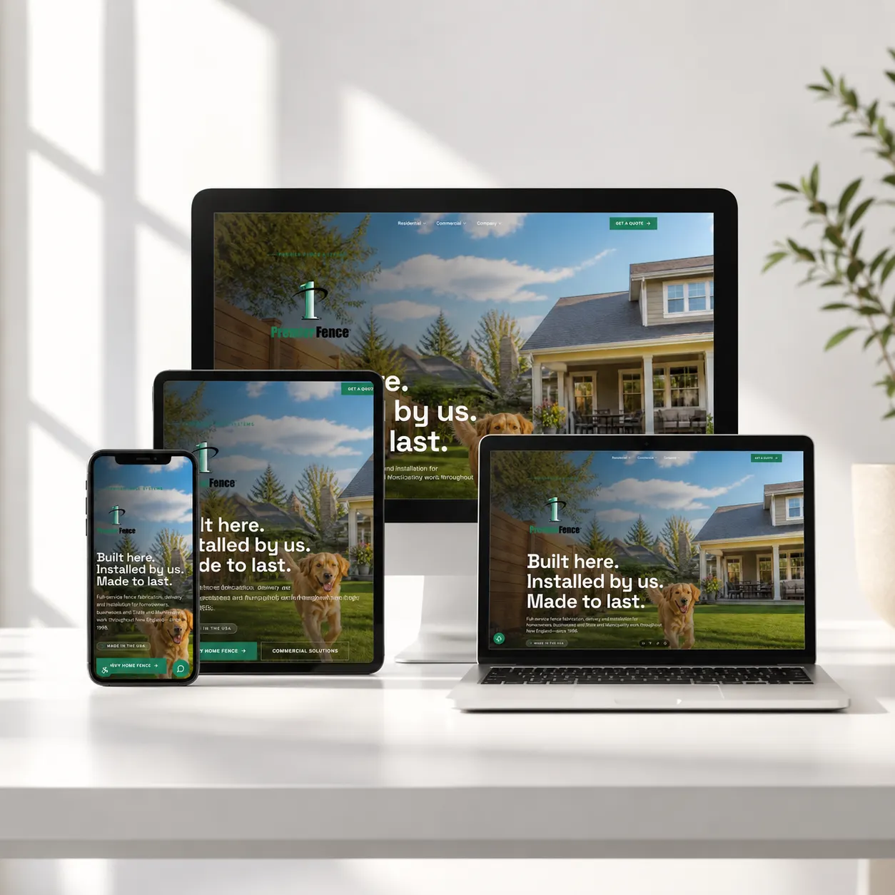 Premier Fence website shown across desktop, laptop, tablet and phone
