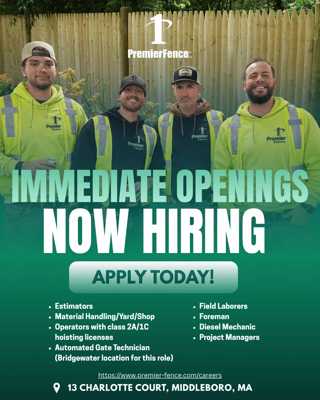 Premier Fence now hiring recruitment social post