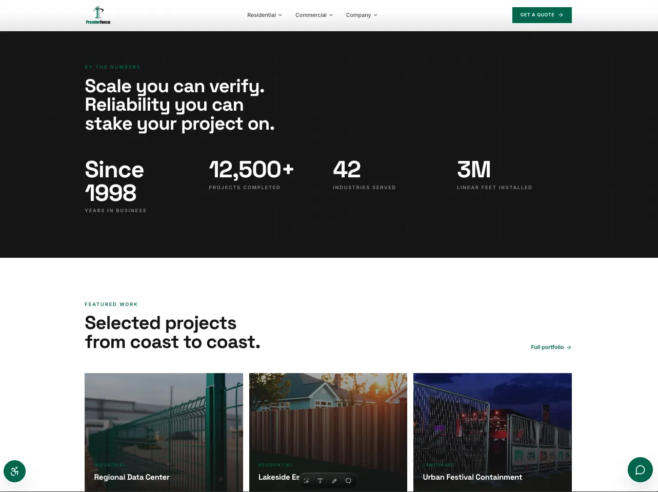 Premier Fence stats section and featured project grid