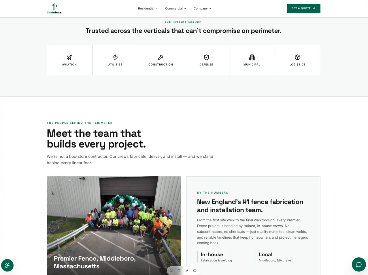 Premier Fence industries served and team section