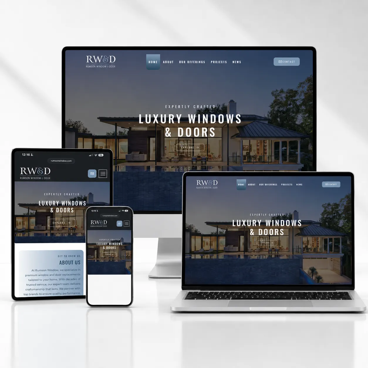 Rumson Window & Door website shown across desktop, laptop, tablet and phone
