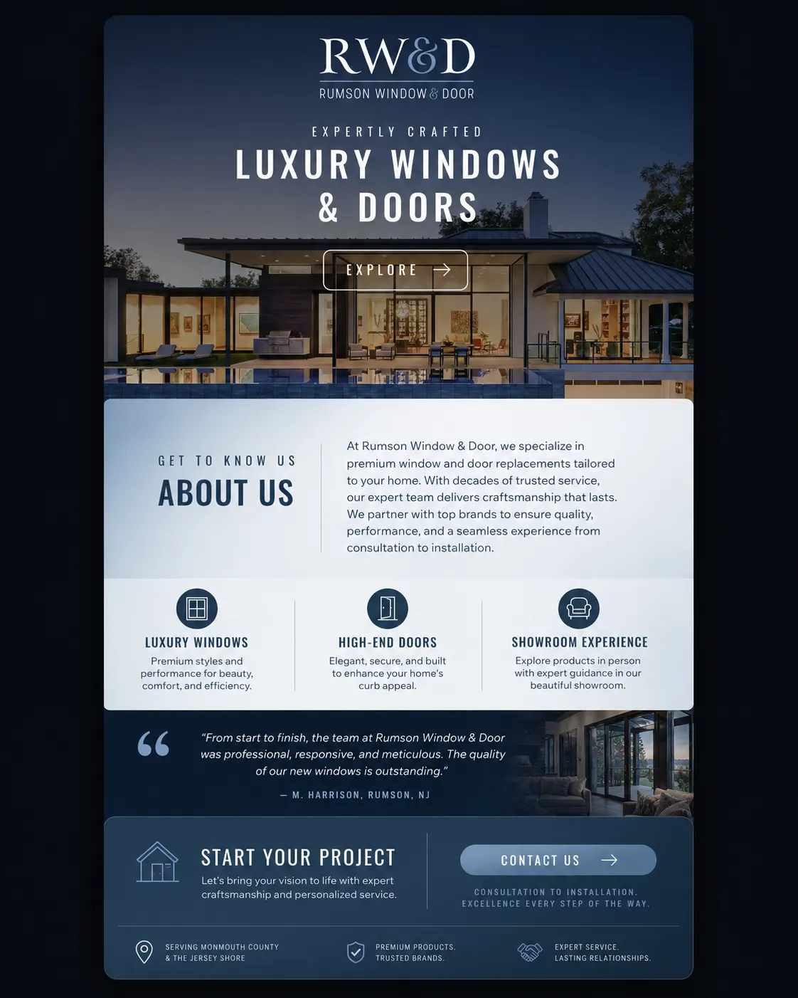 Rumson Window & Door dark homepage email-style mockup
