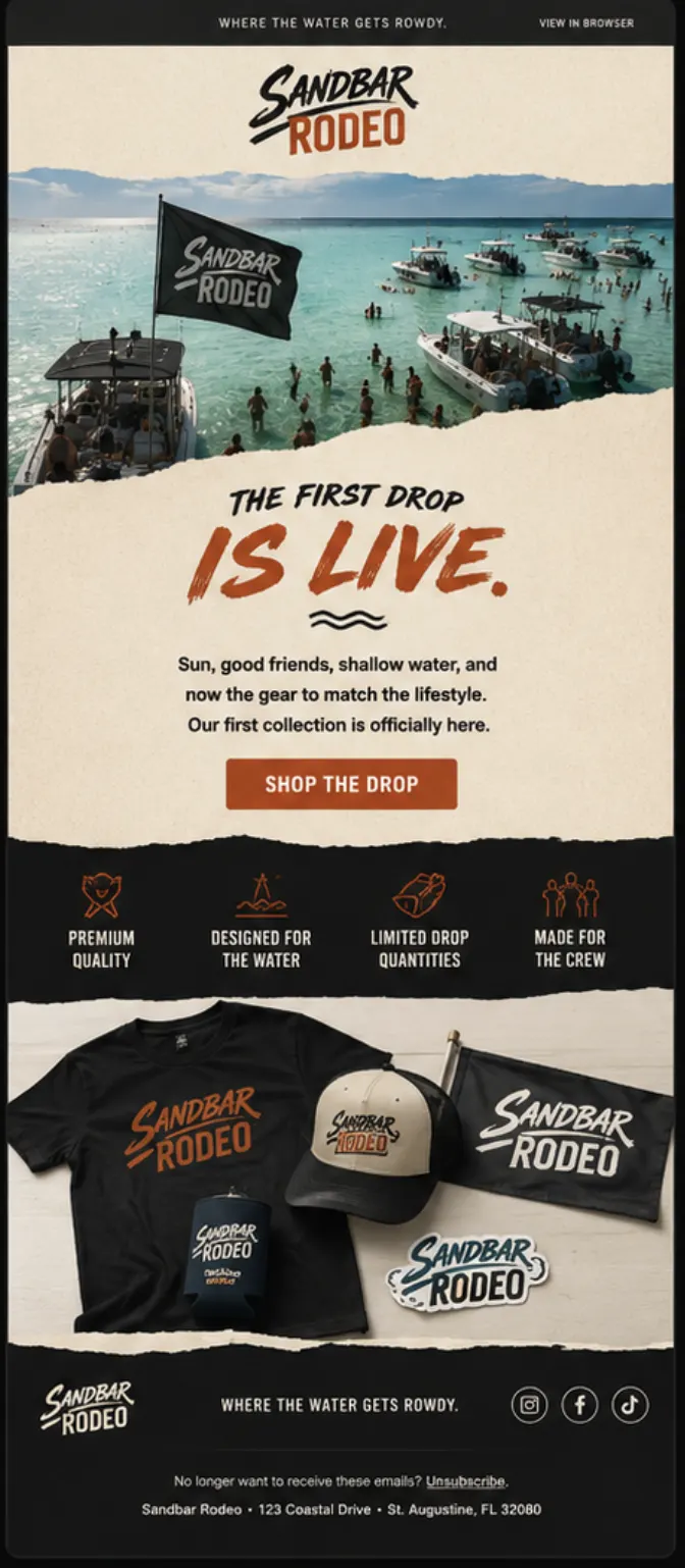 Sandbar Rodeo first drop is live email campaign design