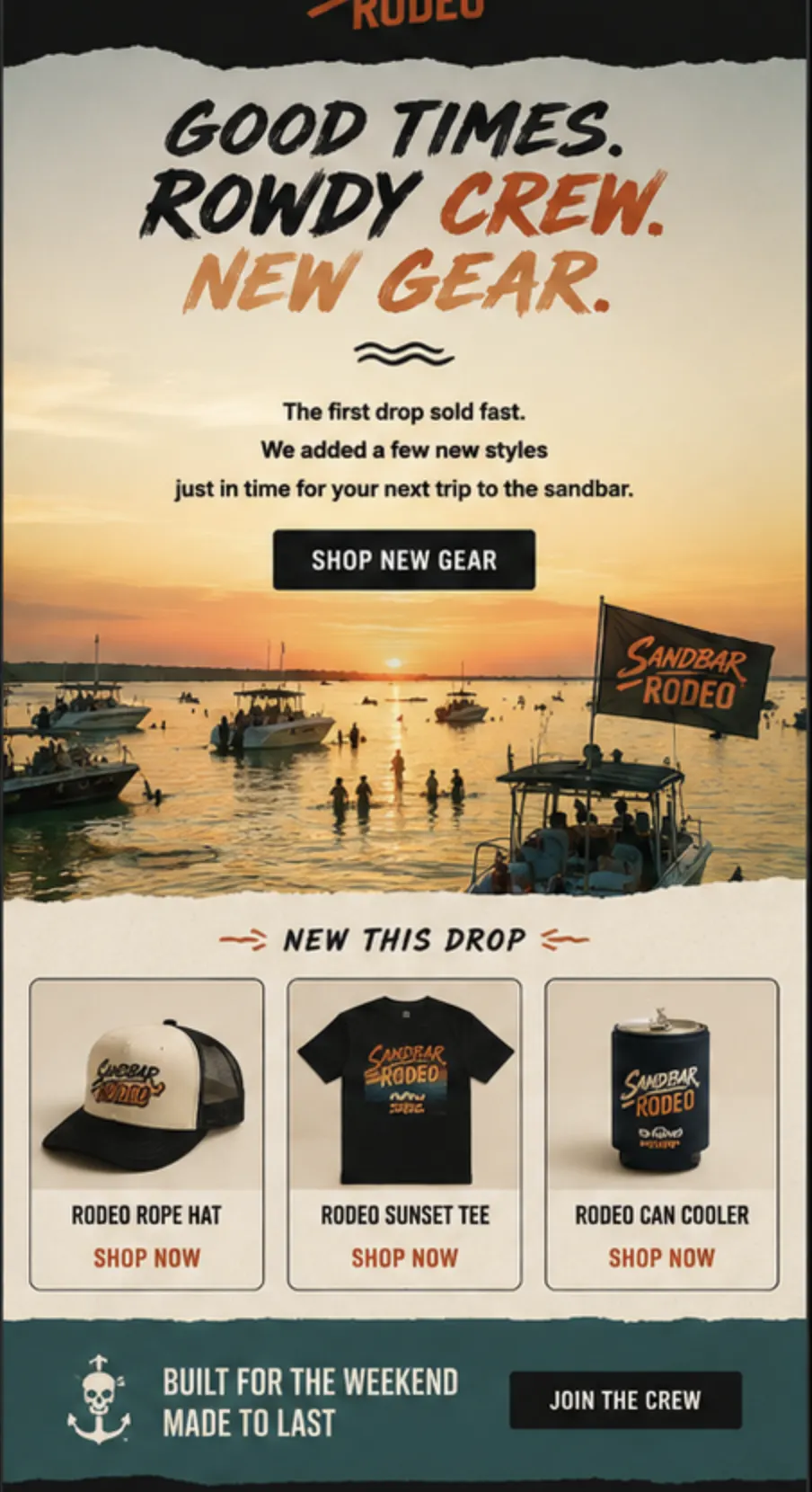 Sandbar Rodeo new gear drop email campaign design