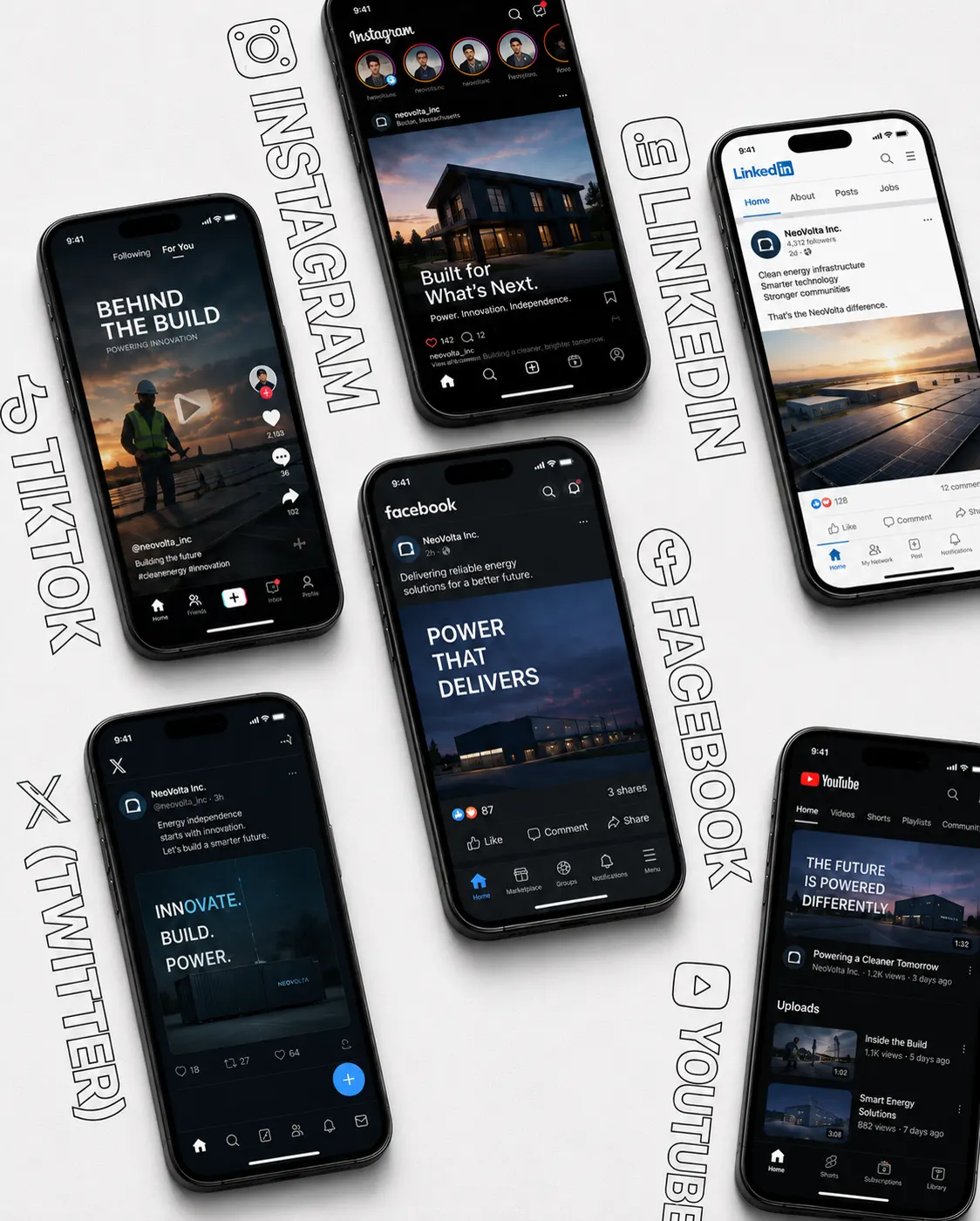 Branded social media posts shown across Instagram, TikTok, LinkedIn, Facebook, X, and YouTube