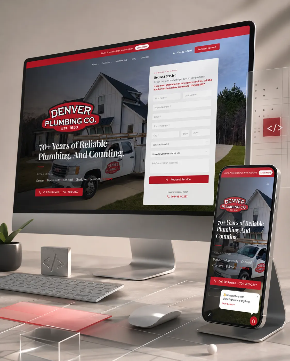 Responsive plumbing company website shown on desktop and mobile